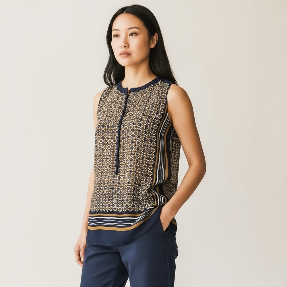 LOFT Tan Mandarin Collar Buttoned Blouse